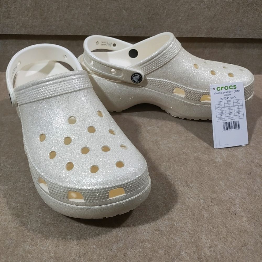 Crocs Women's Classic Platform Glitter Chalk Ivory Clog